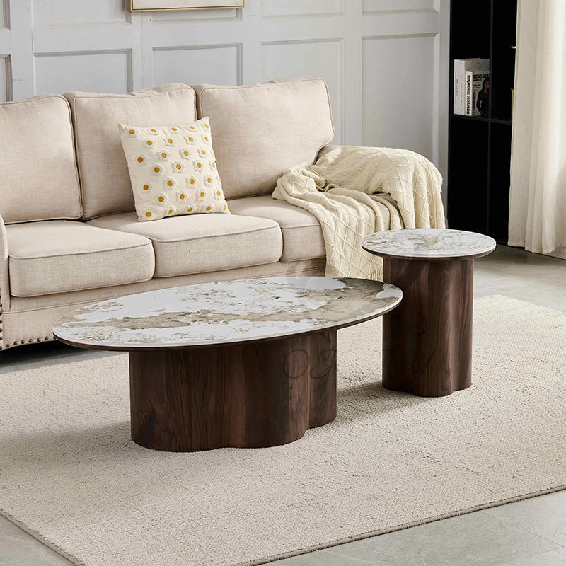 Tavolino da Salotto Ovale Sovrapponibile in Ceramica e MDF CT-6294+CT-6297
