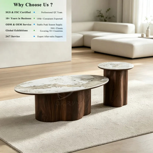 Tavolino da Salotto Ovale Sovrapponibile in Ceramica e MDF CT-6294+CT-6297